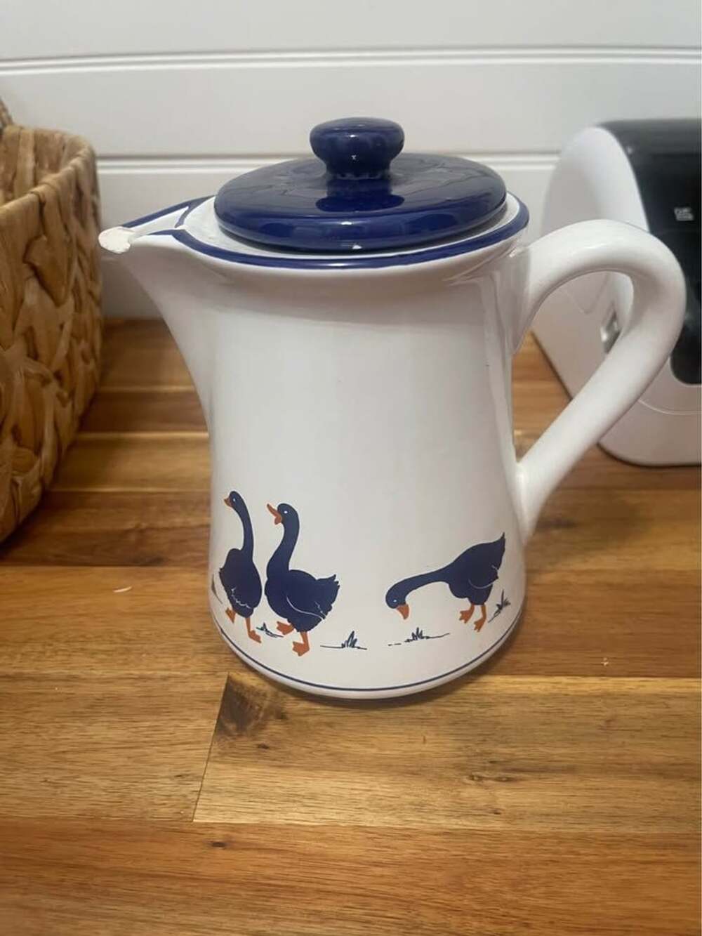 Vintage Blue Goose Ceramic Pitcher with Lid